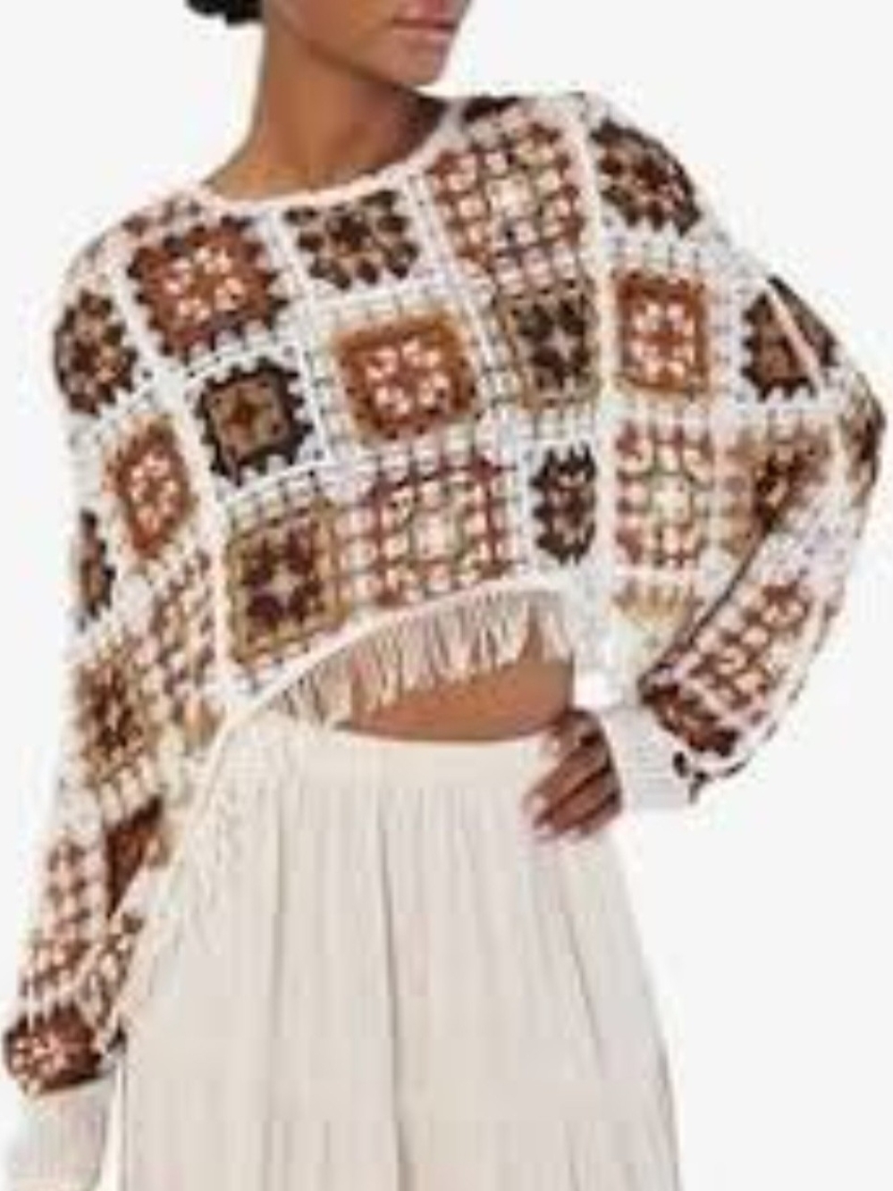 Apricot Boho Crochet Granny Square Fringed Cropped Poncho Sweater Sz S Fall Vibe